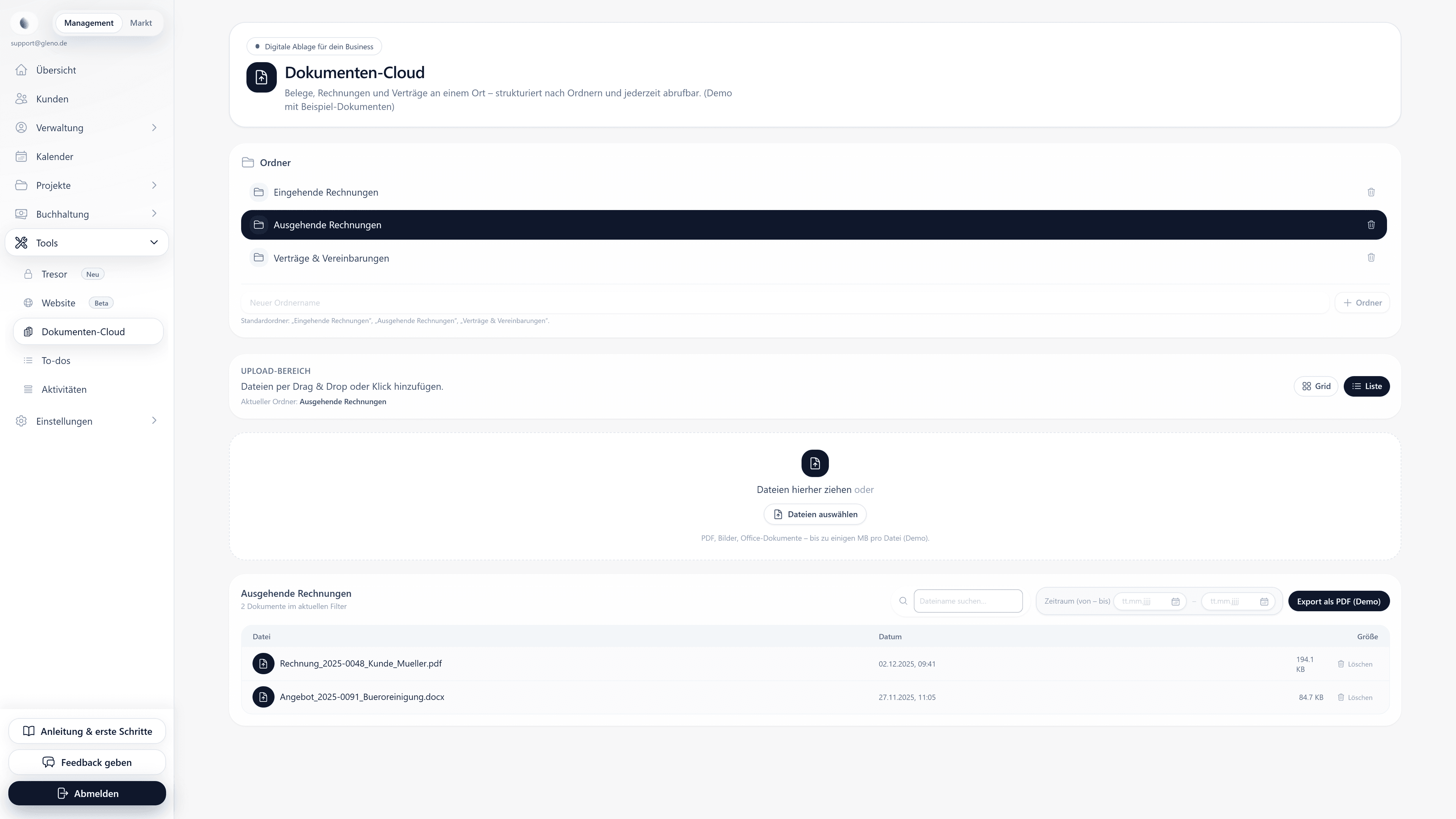 GLENO – Cloud-Übersicht mit Kennzahlen