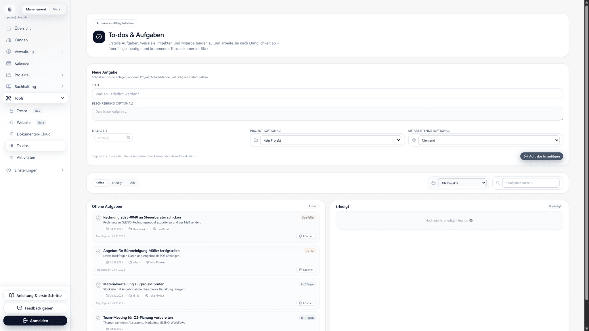 GLENO – To-do-Liste und Aufgabenbereich